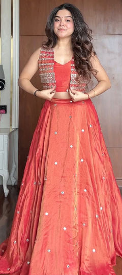 Red and Maroon color Lehenga in Shimmer fabric with Embroidered, Sequence work