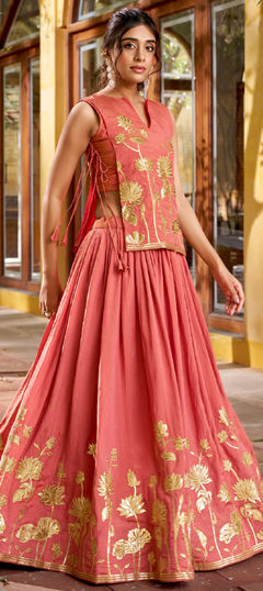 Orange color Long Lehenga Choli in Shimmer fabric with Embroidered work