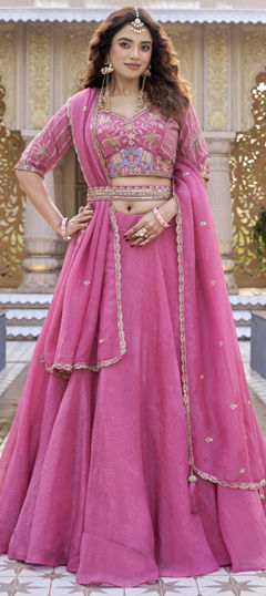 Pink and Majenta color Lehenga in Crushed Silk fabric with Embroidered work