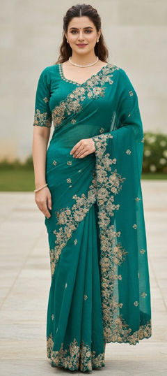 Blue color Saree in Chiffon fabric with Embroidered, Sequence, Thread work