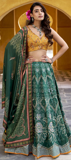 Green color Lehenga in Silk fabric with Bugle Beads, Gota Patti, Lace, Printed work