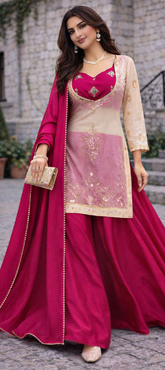 Red and Maroon, White and Off White color Salwar Kameez in Tissue fabric with Embroidered, Sequence, Thread work