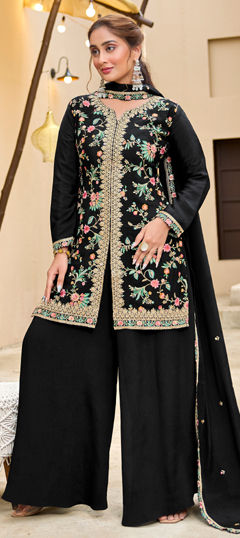 Black and Grey color Salwar Kameez in Chinon Silk fabric with Embroidered, Sequence, Zari work