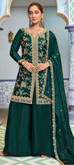 Green color Salwar Kameez in Chinon Silk fabric with Embroidered, Sequence, Zari work