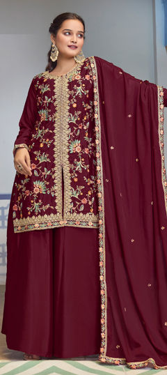 Red and Maroon color Salwar Kameez in Chinon Silk fabric with Embroidered, Sequence, Zari work