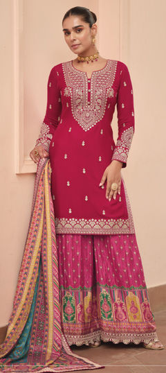 Pink and Majenta color Salwar Kameez in Chinon Silk fabric with Digital Print, Embroidered, Thread, Zari work