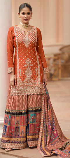 Orange color Salwar Kameez in Chinon Silk fabric with Digital Print, Embroidered, Thread, Zari work