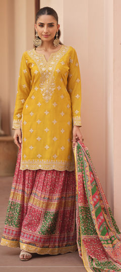 Yellow color Salwar Kameez in Chinon Silk fabric with Digital Print, Embroidered, Thread, Zari work