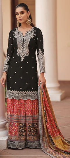 Black and Grey color Salwar Kameez in Chinon Silk fabric with Digital Print, Embroidered, Thread, Zari work