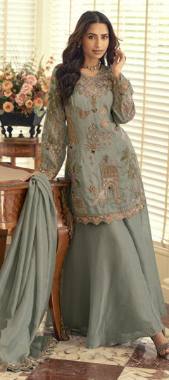Black and Grey color Salwar Kameez in Shimmer fabric with Bugle Beads, Embroidered, Thread work