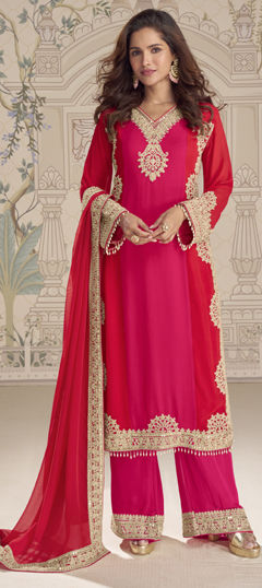 Red and Maroon color Salwar Kameez in Georgette fabric with Bugle Beads, Embroidered, Thread, Zari work