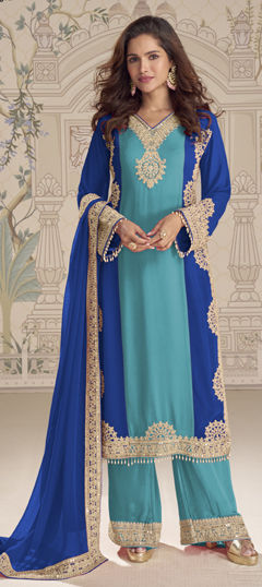 Blue color Salwar Kameez in Georgette fabric with Bugle Beads, Embroidered, Thread, Zari work