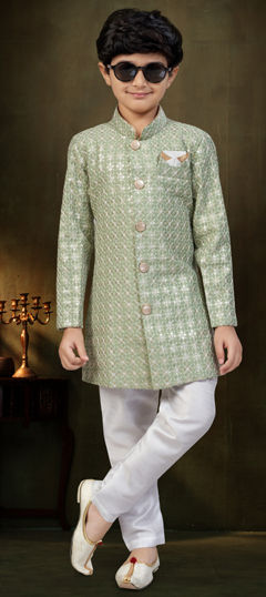 Green color Boys Indo-Western in Banarasi Silk fabric with Stone, Thread work