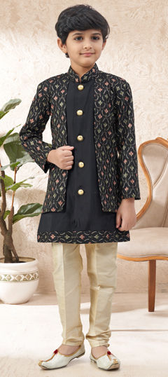 Black and Grey color Boys Indo-Western in Silk fabric with Embroidered, Stone, Thread, Zari work