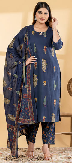 Blue color Salwar Kameez in Cotton fabric with Cut Dana, Printed work