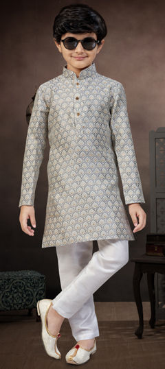 Black and Grey color Boys Kurta Pyjama in Jacquard fabric with Weaving work