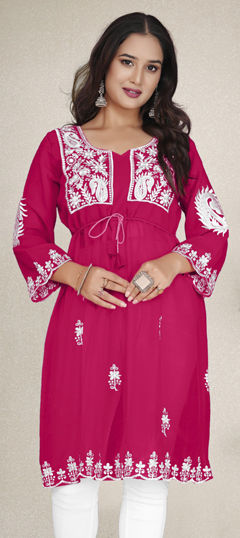 Pink and Majenta color Kurti in Georgette fabric with Embroidered, Thread work