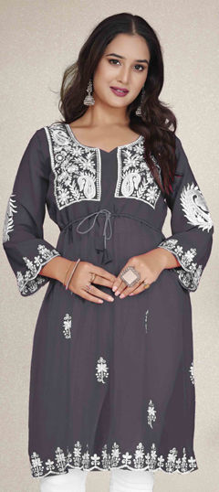 Black and Grey color Kurti in Georgette fabric with Embroidered, Thread work