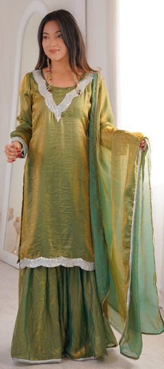 Green color Salwar Kameez in Tissue fabric with Lace work