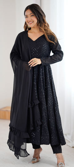 Black and Grey color Salwar Kameez in Faux Georgette fabric with Embroidered, Resham, Sequence, Thread work