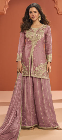 Pink and Majenta color Salwar Kameez in Tissue fabric with Embroidered, Thread, Zari work