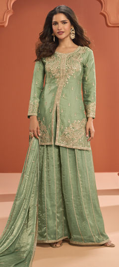 Green color Salwar Kameez in Tissue fabric with Embroidered, Thread, Zari work
