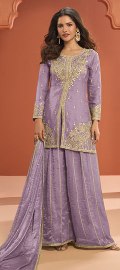 Purple and Violet color Salwar Kameez in Tissue fabric with Embroidered, Thread, Zari work