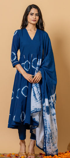 Blue color Salwar Kameez in Cotton fabric with Lace, Printed, Tye n Dye work