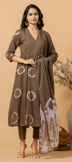 Beige and Brown color Salwar Kameez in Cotton fabric with Lace, Printed, Tye n Dye work