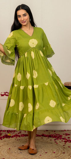 Green color Gown in Cotton fabric with Lace, Printed, Tye n Dye work