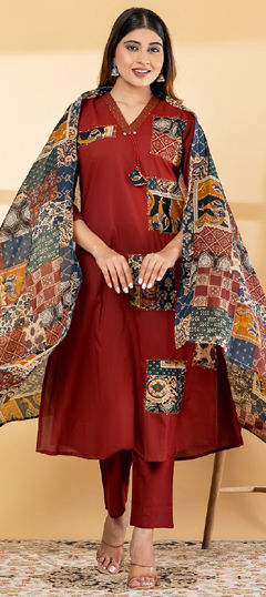 Red and Maroon color Salwar Kameez in Cotton fabric with Printed, Resham, Sequence, Thread work