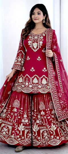 Pink and Majenta color Salwar Kameez in Faux Georgette fabric with Embroidered, Sequence, Thread work