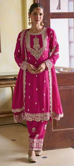 Pink and Majenta color Salwar Kameez in Chinon Silk fabric with Embroidered, Thread, Zari work