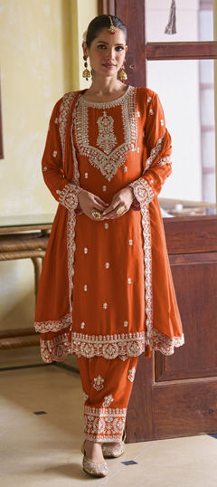 Orange color Salwar Kameez in Chinon Silk fabric with Embroidered, Thread, Zari work
