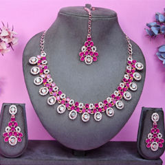 Gold Rodium Polish Pink and Majenta color Necklace in Metal Alloy studded with CZ Diamond