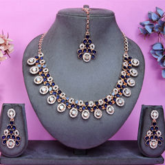 Gold Rodium Polish Blue color Necklace in Metal Alloy studded with CZ Diamond