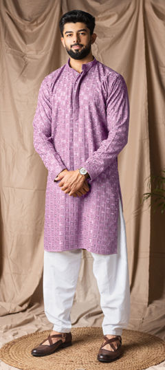 Purple and Violet color Kurta Pyjamas in Rayon, Viscose fabric with Embroidered, Resham, Thread work