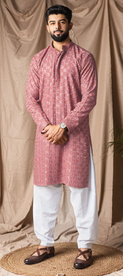 Red and Maroon color Kurta Pyjamas in Rayon, Viscose fabric with Embroidered, Resham, Thread work