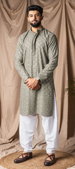 Black and Grey color Kurta Pyjamas in Rayon, Viscose fabric with Embroidered, Resham, Thread work