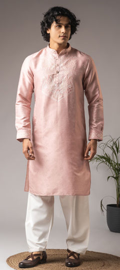 Pink and Majenta color Kurta Pyjamas in Rayon, Viscose fabric with Embroidered, Thread work