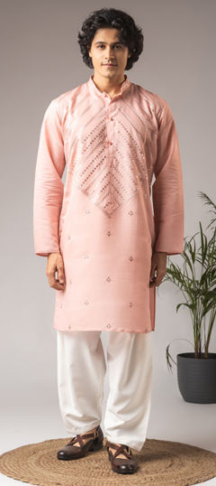 Beige and Brown color Kurta Pyjamas in Rayon, Viscose fabric with Embroidered, Thread work
