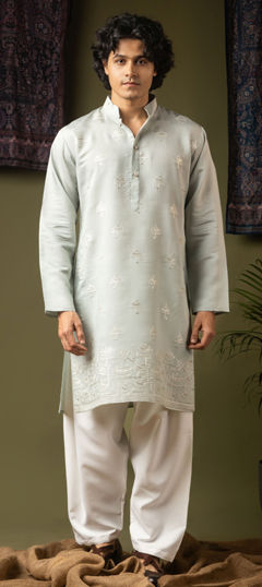 Black and Grey, Silver color Kurta Pyjamas in Rayon, Viscose fabric with Embroidered, Thread work