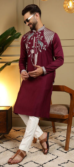 Red and Maroon color Kurta Pyjamas in Viscose fabric with Embroidered, Sequence work