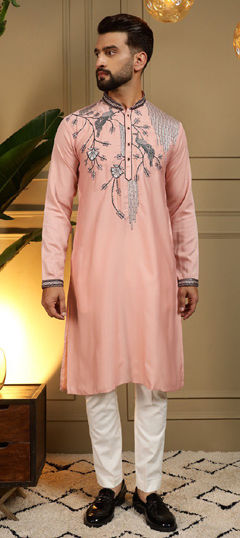 Orange color Kurta Pyjamas in Viscose fabric with Embroidered, Sequence work