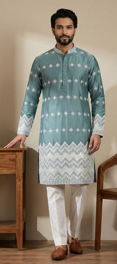 Blue color Kurta Pyjamas in Satin Silk fabric with Embroidered, Resham, Thread work