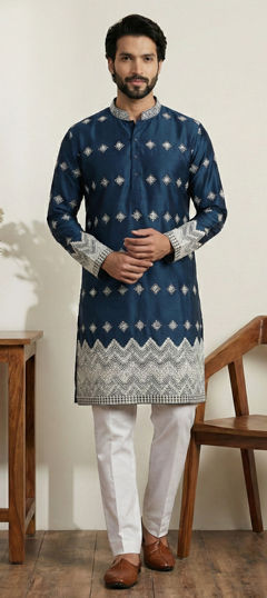 Blue color Kurta Pyjamas in Satin Silk fabric with Embroidered, Resham, Thread work