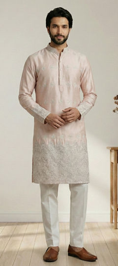 Pink and Majenta color Kurta Pyjamas in Satin Silk fabric with Embroidered, Resham, Thread work