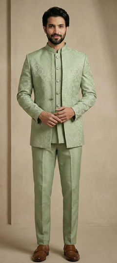 Green color Jodhpuri Suit in Jacquard fabric with Weaving work