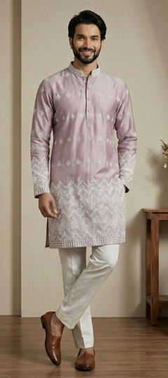 Pink and Majenta color Kurta Pyjamas in Satin Silk fabric with Embroidered, Resham, Thread work