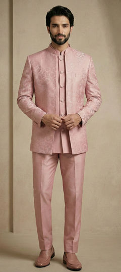 Pink and Majenta color Jodhpuri Suit in Jacquard fabric with Weaving work